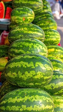 Stacked watermelons, vibrant green and red patterns
