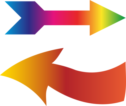 Two vibrant gradient arrows, one straight pointing right with a rainbow spectrum and one curved pointing left with an orange to red gradient.