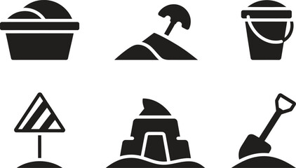 Set of six black silhouette icons representing beach and sandcastle elements