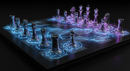 Futuristic illuminated chess board with translucent pieces glowing with vibrant blue and purple light on a dark background
