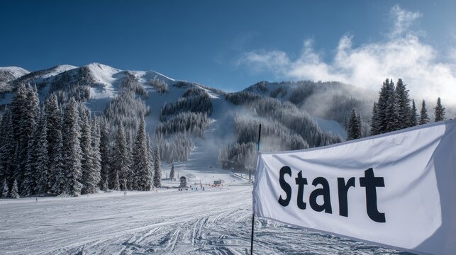 Banner reading "Start" on a snowy mountain in winter for Winter Olympic athletes. Concept for the 2026 Italian Olympic Games.