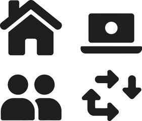 Four simple black icons representing home laptop people and data transfer