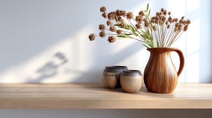 Elegant Still Life with Wooden Vase and Dried Flowers on Minimalist Shelf