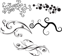 A collection of black and white vector graphic design elements featuring various swirling and curvilinear decorative patterns and flourishes.