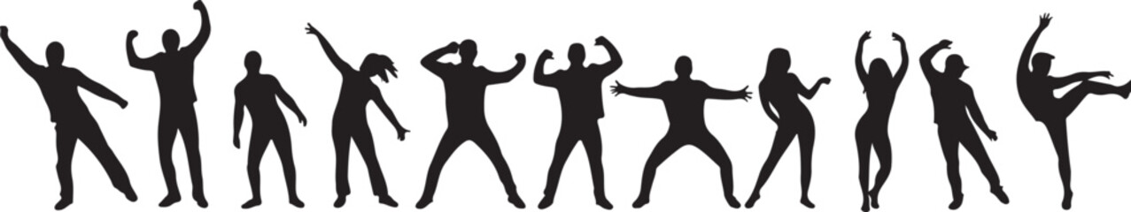 PrintSilhouette, people, poses, movement, dance, expression, gesture, black, white, minimal, dynamic, artistic, body language, performance, rhythm, emotion, creativity, horizontal, group, motion