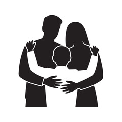 Silhouette of a loving family, parents embracing their child, isolated on white background technology background