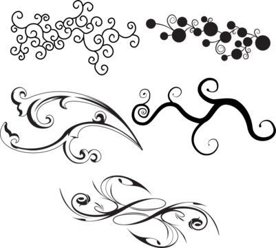 A collection of black and white vector graphic design elements featuring various swirling and curvilinear decorative patterns and flourishes.