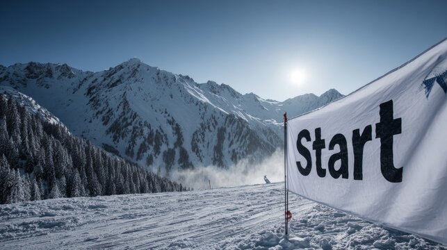 Banner reading "Start" on a snowy mountain in winter for Winter Olympic athletes. Concept for the 2026 Italian Olympic Games.