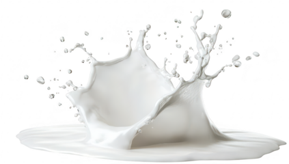 A dynamic splash of milk creating a mesmerizing pattern as it collides with a smooth surface. the beauty of liquid motion against a clean white background. ideal for culinary or beverage themes