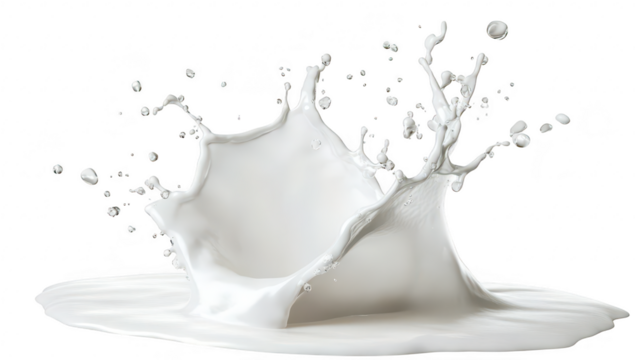A dynamic splash of milk creating a mesmerizing pattern as it collides with a smooth surface. the beauty of liquid motion against a clean white background. ideal for culinary or beverage themes