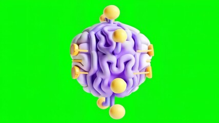 A colorful 3D rendering of a brain with various connections and nodes on a bright green background. - Powered by Adobe