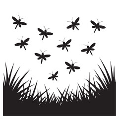 Silhouette of dragonflies flying over grass isolated on white background technology background