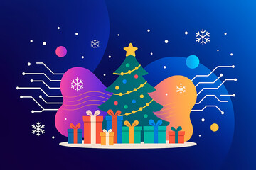 A vibrant and modern illustration of a Christmas tree with presents against a futuristic technology-themed background