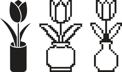 Three stylized tulip flower illustrations in vases pixel art and silhouette