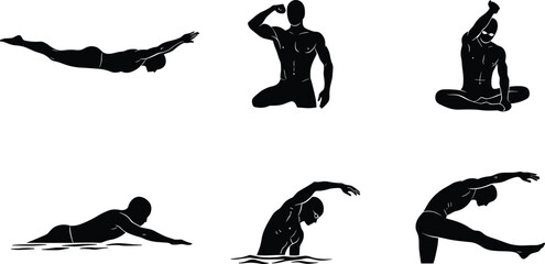 Fitness silhouette swimming, diving, yoga stretching, muscle flexing, balance exercise, athlete body movement, wellness lifestyle, sport activity, vector illustration design