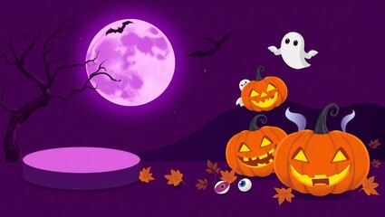 Fototapeta premium Spooky halloween night scene with jack-o'-lanterns ghosts and full moon celebration