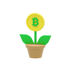 3D Bitcoin Investment Concept with Plant Growing in Pot PNG Transparent Background