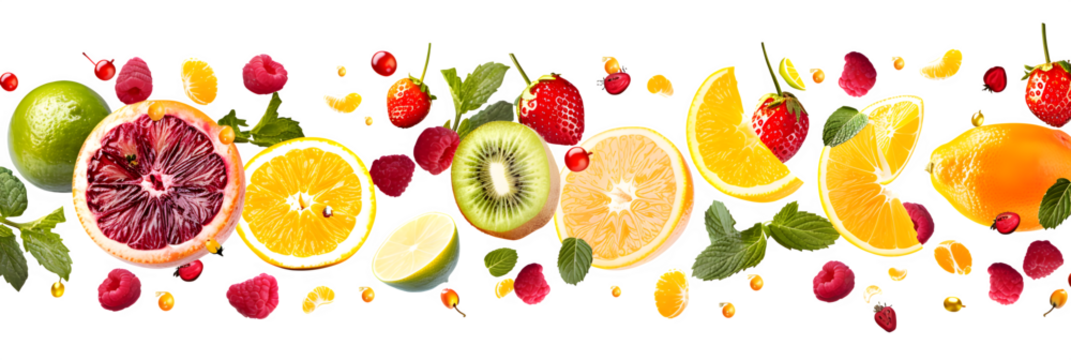 Vibrant medley of fresh citrus fruits, berries, kiwi, and mint leaves bursting with natural flavor and healthy vitality for your next projectIsolated  to Transparent  Background