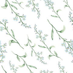 Watercolor seamless pattern with illustration green leaves and light blue forget-me-nots. Wildflowers herbs flowers. Wedding invites, fashion, prints, backgrounds. Mono floral pattern