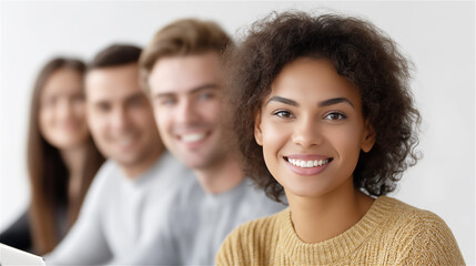Portrait of smiling young woman with group of diverse people blurred in background, concept of leadership, inclusion, teamwork and confidence, modern lifestyle image.