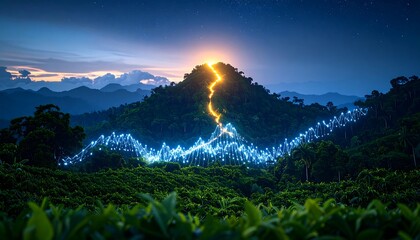 Data Flowing Over Mountain Range at Dusk with Visual Connection