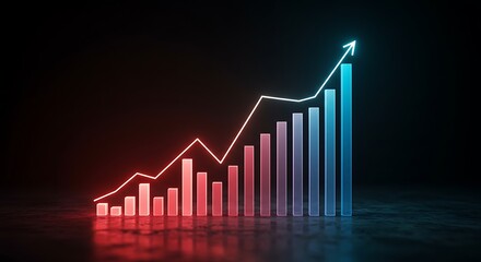 Neon Graph Showing Business Growth with Increasing Blue and Red Bars