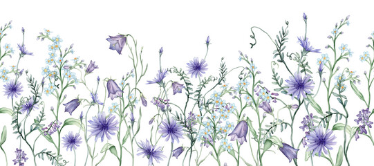 Seamless horizontal border with purple and blue wildflowers. Watercolor hand drawn illustration. Summer pattern for frame or banner with bluebells, chicory, forget-me-nots and Mouse Pea Flowers