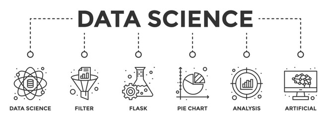Data Science web banner icon vector illustration concept consists of Data Science, Filter, Flask, Pie Chart, Analysis, Artificial icon live stroke and easy to edit