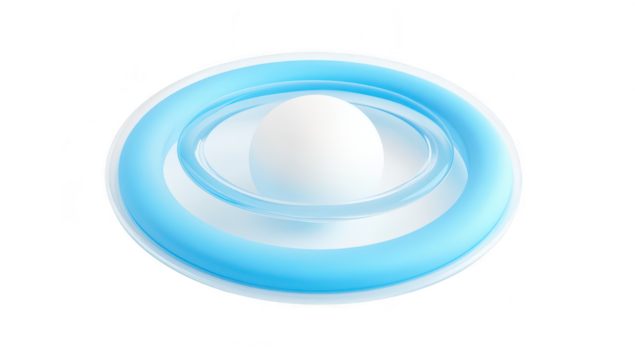 A minimalist composition featuring a white sphere surrounded by concentric blue rings. set against a clean white background. ideal for abstract design or modern art concepts