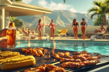 Summer poolside barbecue with friends: grilled chicken and corn by the pool