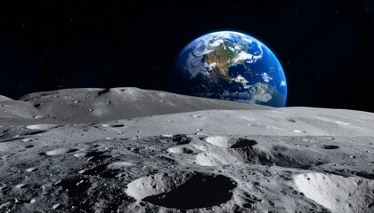 Earth rising over moon landscape