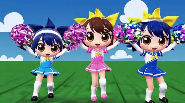 Three animated cheerleaders perform in bright outfits. They hold pom-poms and show cheerful expression on their faces. In background is bright blue sky with clouds. Cartoon style.