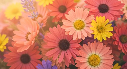Vibrant floral arrangement of daisy flowers in shades of pink and yellow