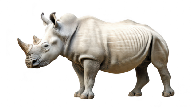 A realistic 3D rendering of a rhinoceros standing in profile. its textured skin and powerful build. set against a plain white background for emphasis on its features