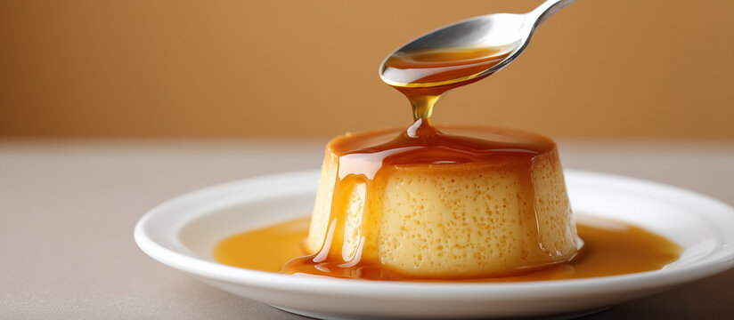Close up on a creamy flan dessert drizzled with golden caramel sauce, served on a white plate. - Powered by Adobe