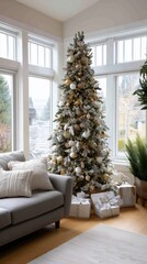 Festive Living Room With a Decorated Christmas Tree and Presents in Winter Sunlight