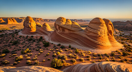 Overview of the desert landscape with unique rock formations and sparse vegetation under a clear blue sky