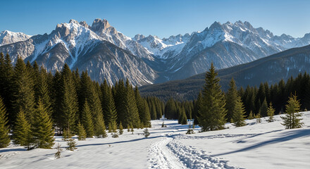 Snowy trail through evergreen forest leading to majestic snow capped mountains on a clear winter day