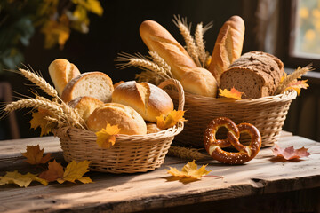 Autumn bread baskets with loaves, rolls and pretzel, decorated with wheat stalks and autumn leaves on rustic wooden table