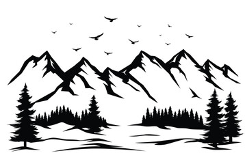 Hand drawn mountain range silhouette with a minimalist style