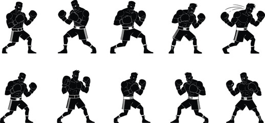 Boxer silhouette vector set, fighting stance poses, sports athlete illustrations, martial arts training graphics, workout combat icons for fitness design