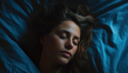 Fototapeta premium a top-down view of an attractive woman sleeping in her bed at night, wearing blue sheets in a dark room.