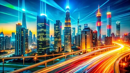 Obraz premium Vibrant Night Cityscape: Futuristic Skyscrapers, Illuminated Highway, Dynamic Light Trails, Modern Architecture, Technological Advancement, Urban Development, Progressive City, Speed and Progress