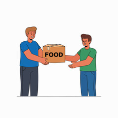 Two men exchanging a food box donation for community support and outreach programs