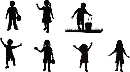 Children playing silhouettes, expressive poses with toys and gestures, black and white vector illustration, joy, movement, outdoor fun, childhood energy