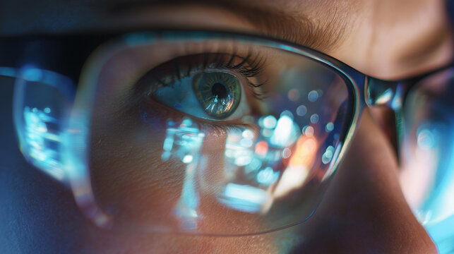 Close-Up of an Analyst's Eye Reflecting a Computer Screen with Data, Charts, and Code