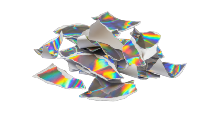 Pile of Torn Holographic Paper Pieces with Iridescent Rainbow Effect.