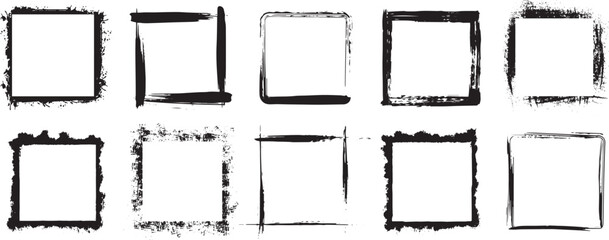 Set of abstract grunge square frames with raw brush strokes, handmade textures, imperfect edges, rustic borders, and bold graphic frame elements for design.