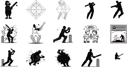 Cricket player silhouette vector set, batsman clipart, wicket keeper icons, sports design elements, splatter art, and cartoon cricket graphics