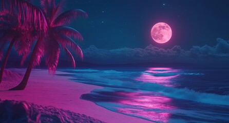 Vibrant Moon Glowing Brightly Over a Serene Beach With Palm Trees at Night.